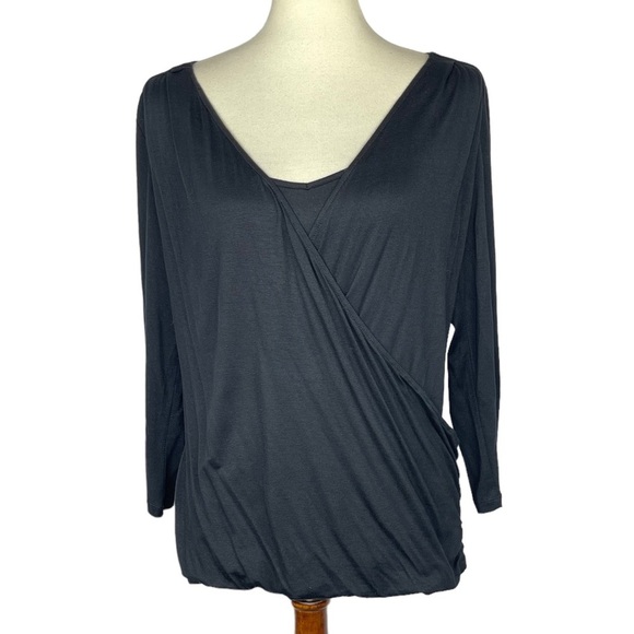 Caché Shirt Womens Medium Black Rayon Blend Faux Wrap Knit Cotton‎ Lycra Stretch - Picture 1 of 10